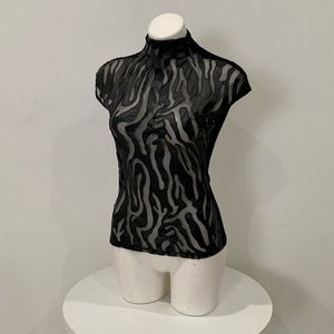 GRACIA Faux Black Leather Leopard Sheer Pattern Cap Sleeve Mock Neck Top Small